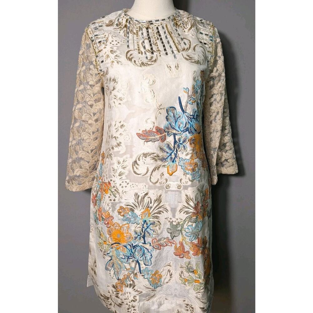 H&M Conscious Beaded Silk Blnd Shift Dress Ivory Floral Lace Wedding Party M